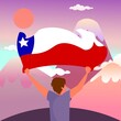Personaje sujetando bandera de Chile con montañas de fondo