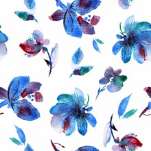 Seamless Abstract Floral Pattern With Blue, Green Flowers, Leaves, Buds, Splashes Isolated On White. Floral Background For Wrapping Paper, Women's Fabric, Wallpaper. Modern Watercolor Illustration.