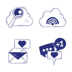 Sticker - social media, collection icons cloud computing email wifi blue line fill style