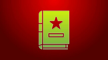 Sticker - Green line Ancient magic book with alchemy recipes and mystic spells and enchantments icon isolated on red background. 4K Video motion graphic animation