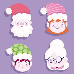 Poster - merry christmas, cute faces santa old woman and helpers icons design