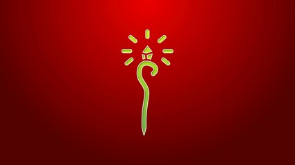 Sticker - Green line Magic staff icon isolated on red background. Magic wand, scepter, stick, rod. 4K Video motion graphic animation