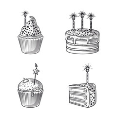 Wall Mural - happy birthday, icons cake cupcake and candles party, engraving style