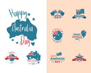 australia day, lettering map flag national celebration icons set