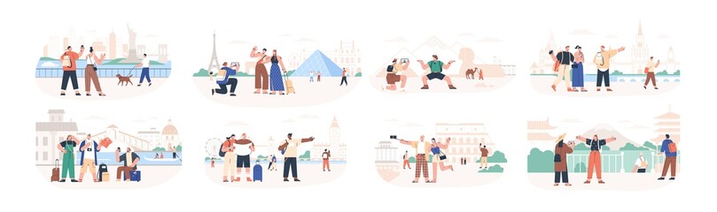 Wall Mural - set of traveling people visiting famous city landmarks and attractions. collection of tourists going