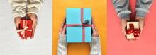 Colorful Gift Boxes For The Holiday In The Hands Of People. Surprises For New Year, Christmas Or Birthday
