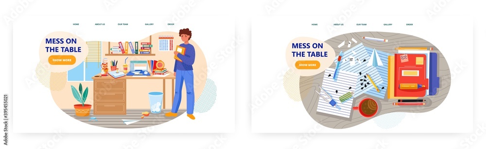 Messy office desk vector concept illustration. Man looks at the mess on ...