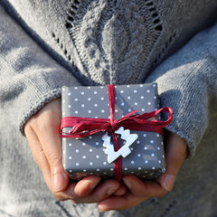 Close-up of female hands holding gift box for Christmas