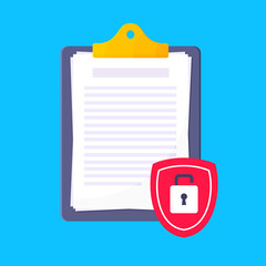 Wall Mural - Privacy policy, warning safety lock and data protection metaphor. Shield with padlock on the clipboard with personal data security protection symbol flat style design vector illustration.