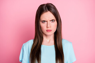 Photo of angry lady irritated ex boyfriend find new girlfriend wear casual blue t-shirt isolated pink pastel color background