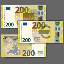 Set Of New Paper Money In The Style Of The European Union. Yellow 200 Euro Banknote With Retro Window And Bridge. EPS10