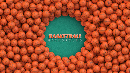 Wall Mural - Basketball balls background. Many orange basketball balls on court rubber flooring. Realistic vector background