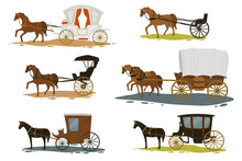 Horses With Carriage, Transport In Past Vector