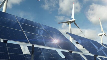 solar panel cells and rotating wind turbines on the green energy farm. power generators produce elec