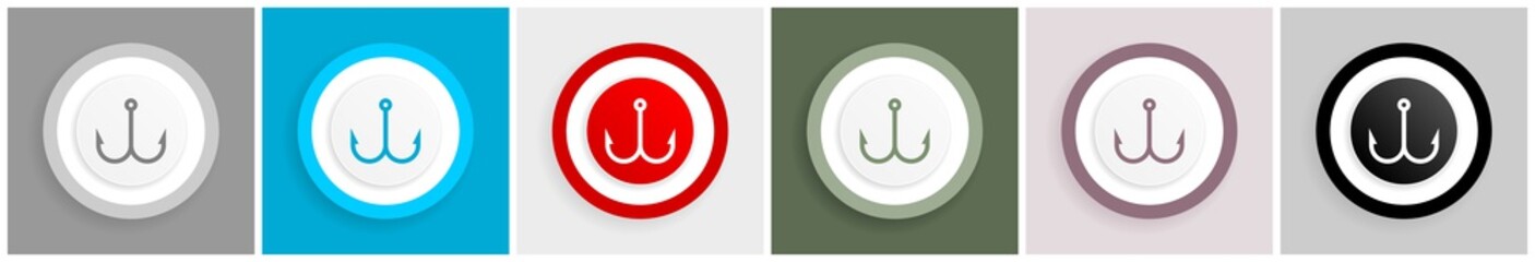 Aufkleber - Fishing hook icon set, colorful flat design vector illustrations in 6 options for web design and mobile applications