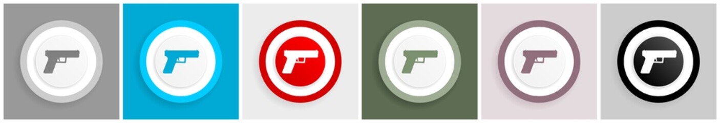 Leinwandbilder - Pistol, gun, weapon icon set, colorful flat design vector illustrations in 6 options for web design and mobile applications