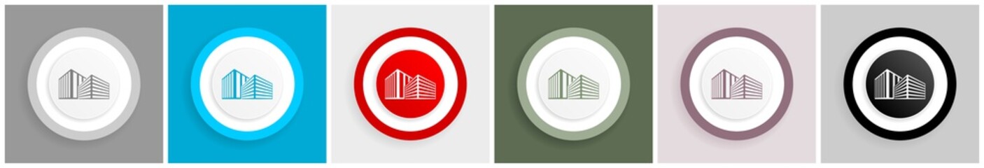 Fototapete - Modern design office buildings icon set, colorful flat design vector illustrations in 6 options for web design and mobile applications