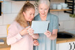 © yavdat - old mom and middle-aged daughter take selfies and talk via video link. Senior woman with her daughter looking at modern gadget indoors. relaxing together, different generations hobby pastime.