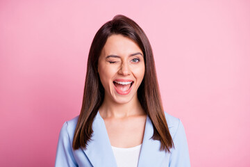 portrait of young attractive smiling cheerful positive girl woman female wink blink eye isolated on 