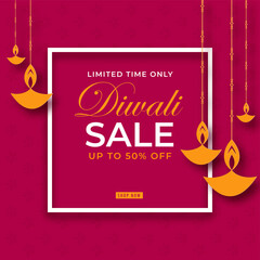 Sticker - Diwali Sale Poster Design with 50% Discount Offer and Yellow Paper Lit Oil Lamps (Diya) Hang on Pink Background.