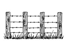 Hand-drawn Simple Vector Drawing In Black Outline. Rural Farm Fence, Field Fencing. Wooden Posts With Barbed Wire, Grass. Protection, Security, Entry Prohibited.