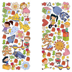  Poster with cute doodle drawing of happy kids and precepts to celebrate Children's Day. Kindergarten children.