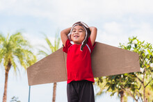Happy Asian Funny Child Or Kid Little Boy Smile Wear Pilot Hat And Goggles Play Toy Cardboard Airplane Wing Flying Against Summer Sky Cloud On Trees Garden Background, Startup Freedom Concept