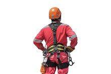 Safety Man Wearing Equipment Protective Safety Harness Full Body For Abseiling Rope Access Isolated On White Background.