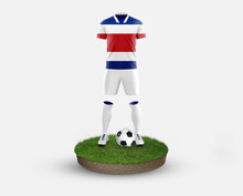 Costa Rica Soccer Player Standing On Football Grass, Wearing A National Flag Uniform. Football Concept. Championship And World Cup Theme.