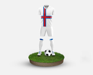 Faroe Islands soccer player standing on football grass, wearing a national flag uniform. Football concept. championship and world cup theme.