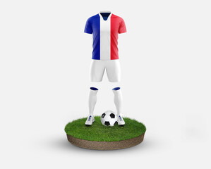 France soccer player standing on football grass, wearing a national flag uniform. Football concept. championship and world cup theme.