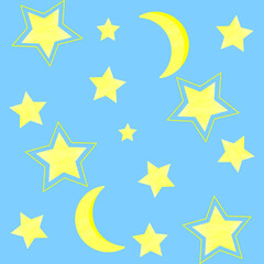 Seamless pattern with stars and month. Pattern children's night theme of the starry sky. Moon and stars on a blue background.
