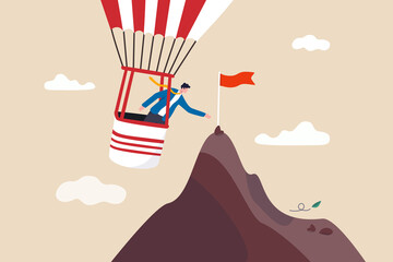 Wall Mural - Most efficiency way to reach business goal, tools, assistance or shortcut to help achieve target or destination concept, smart businessman flying balloon reaching mountain peak to grab success flag.
