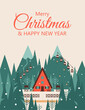 © Mary Long - Merry Christmas and Happy New Year card with Winter landscape of ski resort town in snowfall. Mountain Village with ski lifts and tracks, country houses, fir trees. Vector illustration in flat style.