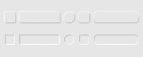 Vector editable neomorphic buttons set. Sliders for websites, mobile menu, navigation and apps. Simple elegant Neomorphism trendy 2020 designs element UI components isolated on white background