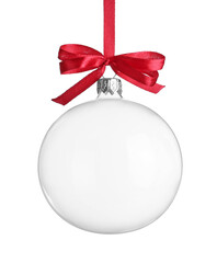 transparent glass christmas ball with red ribbon and bow isolated on white
