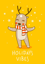 Cute Little Deer Wearing Red Striped Scarf On Yellow Background - Cartoon Character For Funny Christmas And New Year Winter Greeting Card And Poster Design