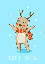 Cute Little Deer Wearing Red Striped Scarf On Blue Background - Cartoon Character For Funny Christmas And New Year Winter Greeting Card And Poster Design