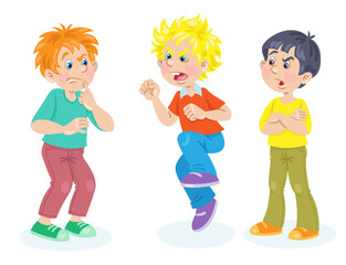 Poster - Children and emotions. Conflicting conversation of three boys. In cartoon style. Isolated on white background. Vector flat illustration.