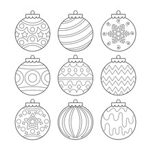 Christmas And New Year Tree Decorations, Ornaments, Set Of Balls Coloring Page Black And White Isolated On White Background