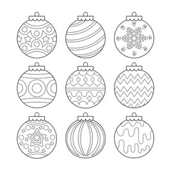 christmas and new year tree decorations, ornaments, set of balls coloring page black and white isola