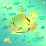 Fototapeta Do akwarium - Drawing on the marine theme.  Yellow fish in the blue ocean.  Vector with gradients.