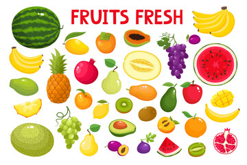 Wall Mural - Colorful cartoon fruit icons isolated on white.