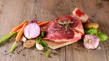 Wall Mural - raw beef and vegetable on wooden board
