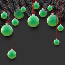Xmas Green Baubles And Spruce Branches.