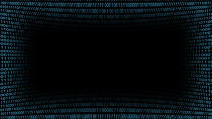 Background frame from number digits. Blue numbers binary code on dark background with black space in middle screen. Stream binary matrix code. Concept of coding hacker or mining bitcoin cryptocurrency