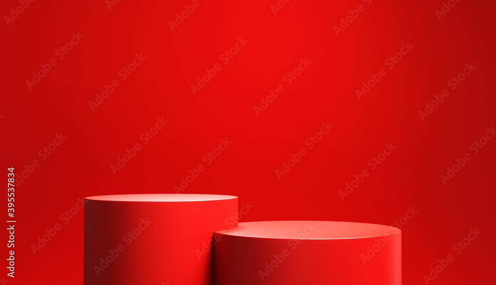 Red podium or stage in the red room, Minimal background for Christmas or Valentines day, 3d rendering studio with geometric shapes. - obrazy, fototapety, plakaty 