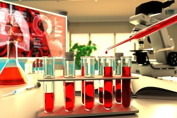 Wall Mural - Medical 3D illustration, laboratory test tubes vials in study office - blood gene test for virus (like covid-19) concept