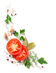 Wall Mural - Fresh chopped tomatoes, rosemary, leeks and spices isolated on white background top view. Food on a white background. Copy space for text. Flat lay.