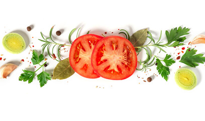 Wall Mural - Fresh chopped tomatoes, rosemary, leeks and spices isolated on white background top view. Food on a white background. Copy space for text. Flat lay.